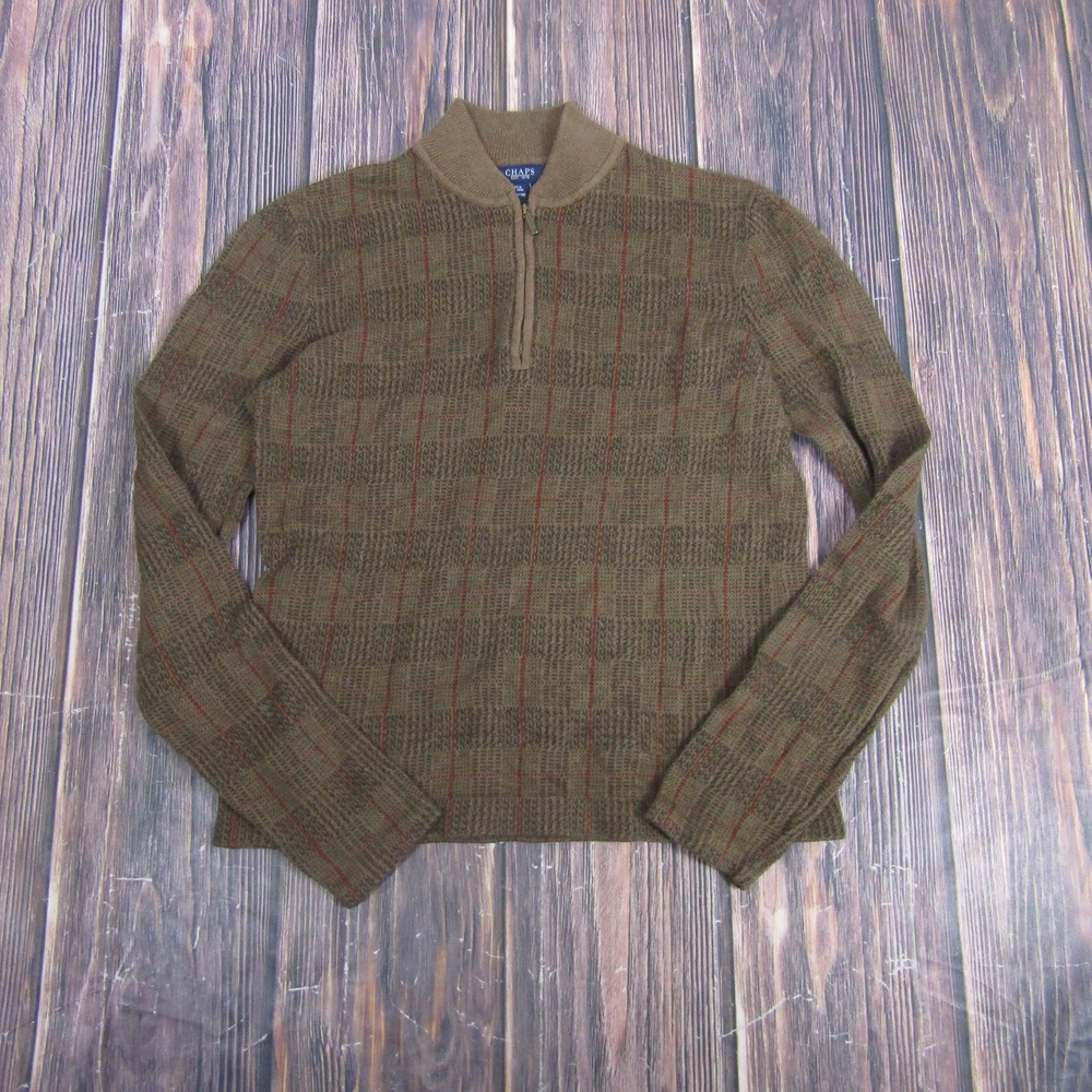 Vintage Chaps Sweater Mens Large Brown Plaid 1/4 Zip Mock Neck Waffle Knit 90s‎